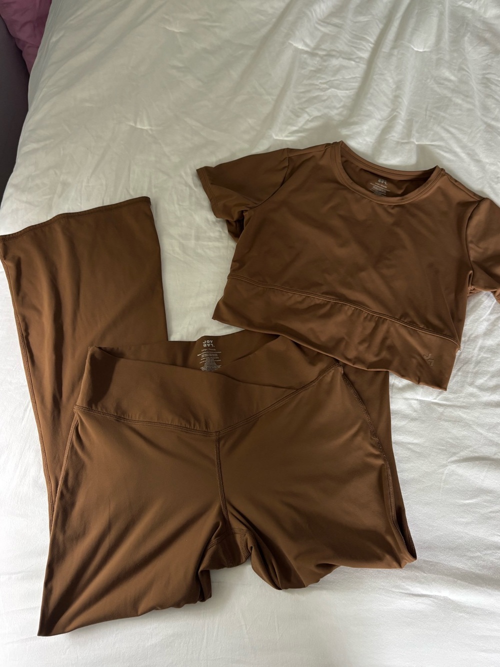 JoyLab Brown Short Sleeve Crop Top & High-Waist Flare Leggings Set